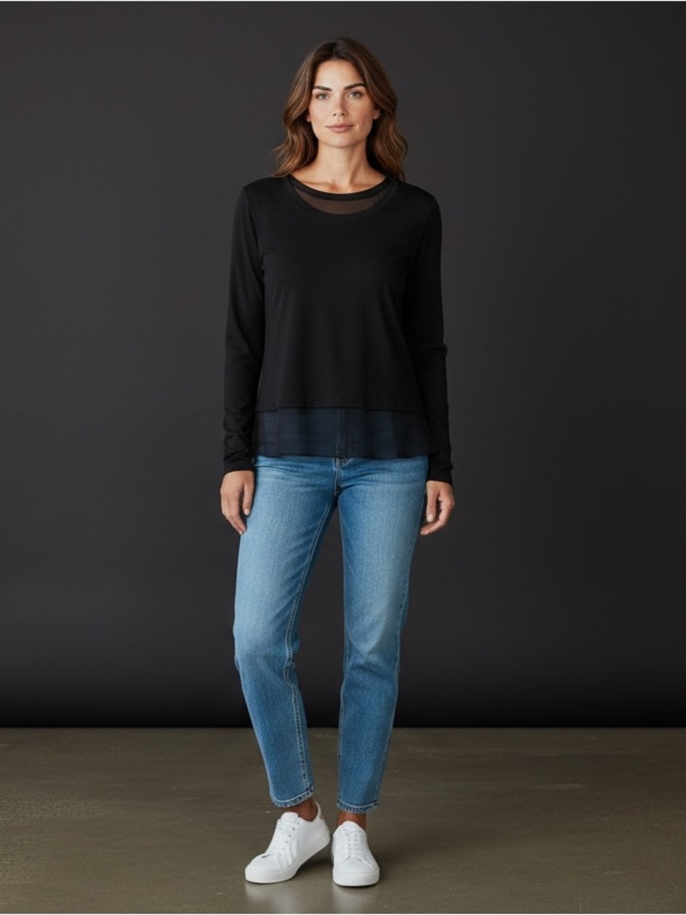 Women’s Long Sleeved Sheer Trimmed Black Top